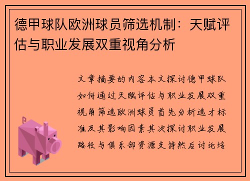 德甲球队欧洲球员筛选机制：天赋评估与职业发展双重视角分析